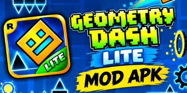 Geometry Dash Lite MOD APK game featuring neon levels, obstacles, and a yellow cube
