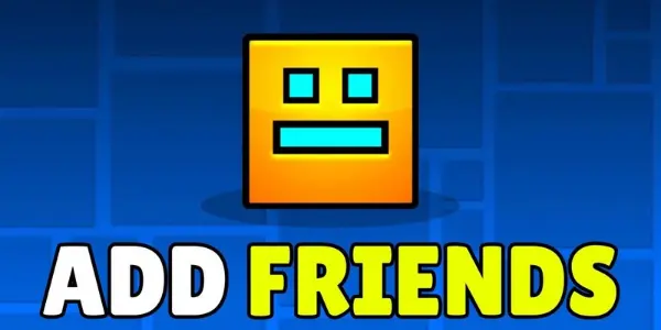 Geometry Dash iconic yellow cube character with cyan eyes and smile on blue background with bold "ADD FRIENDS" text below