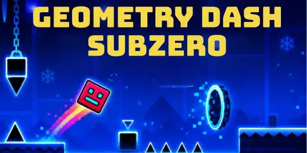 Geometry Dash MOD APK v2.2.143 (Unlock All Icons, Everything & Mod Menu) 2026 5 Geometry Dash SubZero MOD APK gameplay showing neon-themed icy levels, cube character, spikes, and colorful rhythm based obstacles.